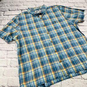Duluth Trading Co Untucked Slim Fit Short Sleeve Blue Plaid Shirt Mens 2XL